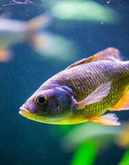 Fish Swimming Lazily in a Tank Lit by Shimmering Colored Lights