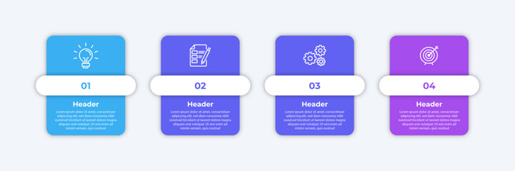 It shows a four step infographic with light bulb checklist gears and a target.