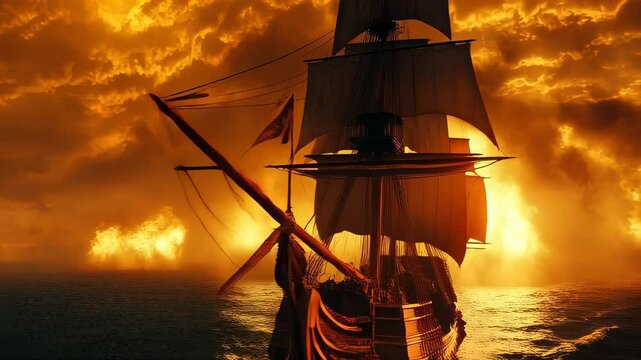 Epic battle at sea with a ship engulfed in flames against a fiery sunset backdrop
