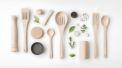 Wooden kitchen utensils and herbs, arranged aesthetically on a white background