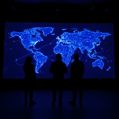 business people on the world Global business people silhouette team network abstract map.