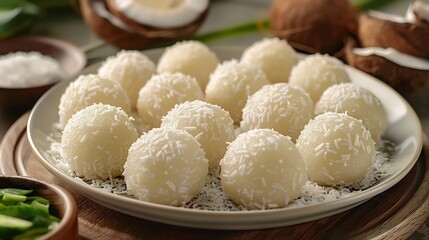 Indonesian klepon glutinous rice balls filled palm sugar and rolled in coconut served on white dish