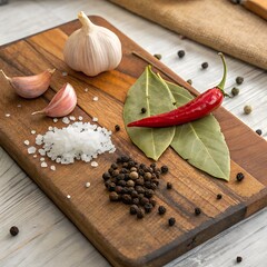 Clove of garlic, red chili pepper, salt and black peppercorns with bay leaf are lying over a wooden cutting board