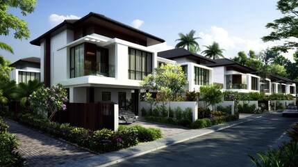 Modern residential neighborhood featuring stylish houses with lush gardens and clear blue sky
