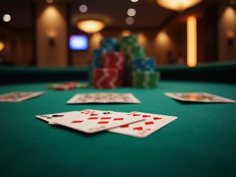 A dimly lit casino poker table with playing cards and stacked poker chips, showcasing a gambling setup with no people present. - Powered by Adobe