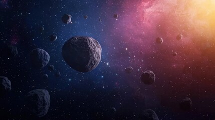 Asteroids floating in space cosmic chaos digital art vibrant nebula background high-quality render