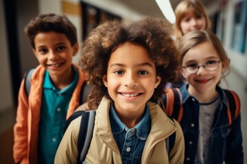 Portrait of a diverse kids students in elementary school hallway with lockers