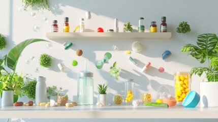 Medicine and Wellness Display with Plants and Pills on Shelves