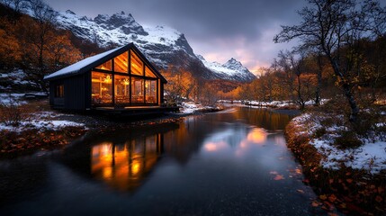 Fototapeta premium Cozy Cabin with Autumn Mountains, and Sunset.