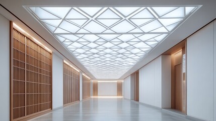 Modern hallway, geometric ceiling, wood paneling, minimalist design, interior architecture