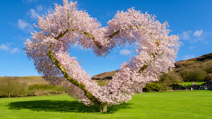 Cherry blossom shaped as a heart on a playing field in Ambleside.