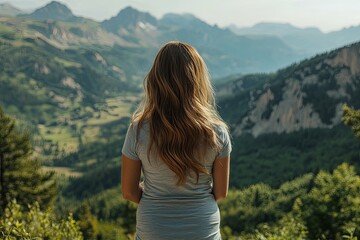 A woman stands overlooking a vast mountain range from a vantage point
