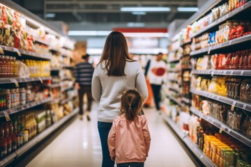 Portrait of a American mother and her little daughter grocery shopping in supermarket