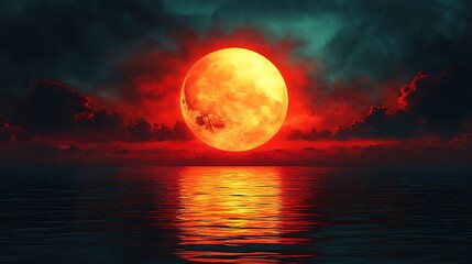 Red moon glowing serene ocean night sky high resolution hd image