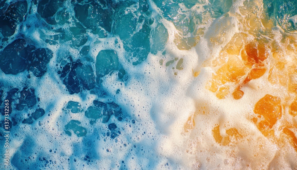 Aufkleber bubbling foam and gentle waves meeting the sandy shore during a bright afternoon on a tranquil beach