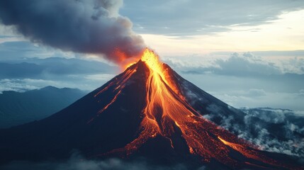Volcano erupting lava flows scenic mountain range gigapixel image natural environment aerial view dynamic eruption