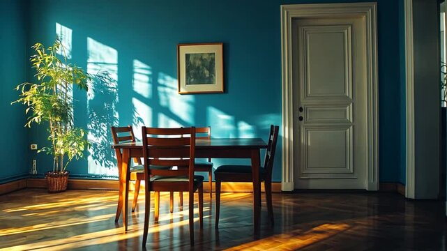 Serene indoor tableau capturing a dining setting bathed in golden light accentuating aesthetic interior