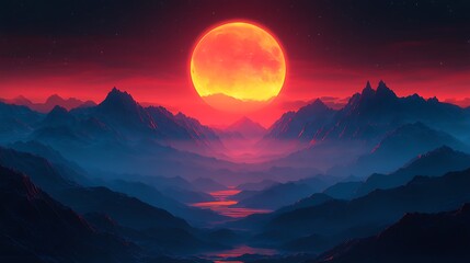Red moon misty lake night high resolution hd image
