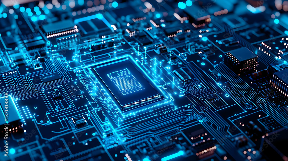 Poster high-tech circuit board with glowing processor