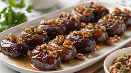 Iranian ranginak stuffed dates walnuts and flour coating arranged in rows on white dish