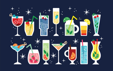 Cartoon stickers of colorful cocktails and refreshing drinks. Doodle elements of tropical beverages, fruit garnishes, ice cubes, and party vibes. Vector trendy illustration for summer, bar menu