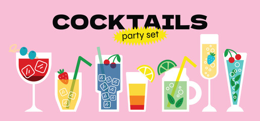 Cartoon stickers of colorful cocktails and refreshing drinks. Doodle elements of tropical beverages, fruit garnishes, ice cubes, and party vibes. Vector trendy illustration for summer, bar menu