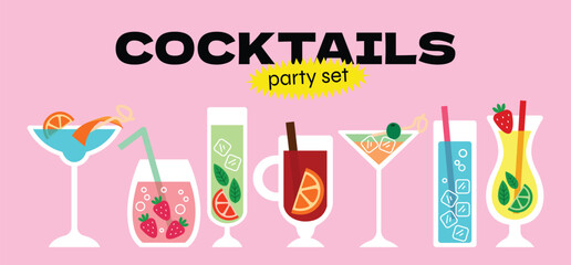 Cartoon stickers of colorful cocktails and refreshing drinks. Doodle elements of tropical beverages, fruit garnishes, ice cubes, and party vibes. Vector trendy illustration for summer, bar menu