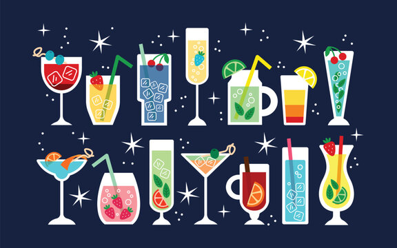 Cartoon stickers of colorful cocktails and refreshing drinks. Doodle elements of tropical beverages, fruit garnishes, ice cubes, and party vibes. Vector trendy illustration for summer, bar menu