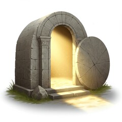 Jesus' Empty Tomb with light inside on a white background