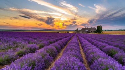 Obraz premium Scenic lavender field at sunset with vibrant purple flowers, a rustic farmhouse, and dramatic sky in the background