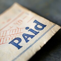 Close-Up of a Vintage Receipt Featuring the Word Paid in Bold Blue