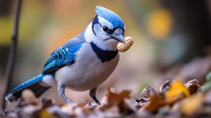 Obraz premium Blue jay holding a peanut in its beak, surrounded by autumn leaves.