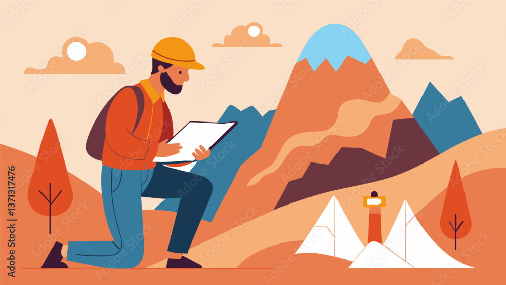 Poster a geologist takes notes and draws sketches while exploring a mountain range looking for telltale sig
