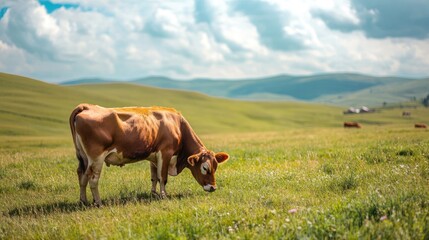 Naklejka premium Brown cow grazing in a grassy meadow with rolling hills in the background.
