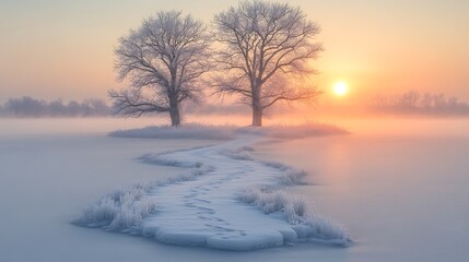 Winter sunrise path through frosted field