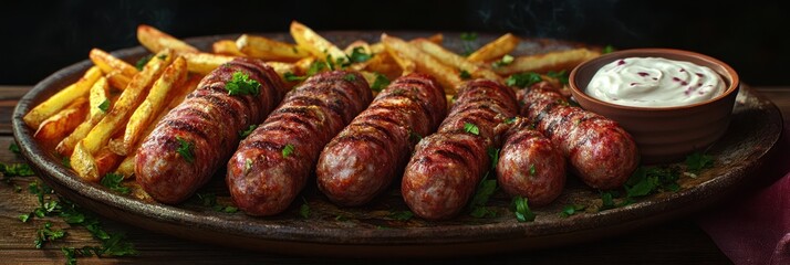 Grilled sausages with fries and a creamy sauce, a delicious meal ready to be enjoyed