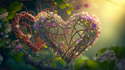 Charming hearts woven from flowers and branches merge in enchanting natural background.
