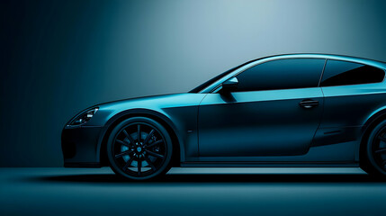 3D Rendered Blue Car Side View on Dark Background Illustrative Photo