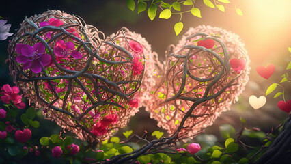 Charming hearts woven from flowers and branches merge in enchanting natural background.