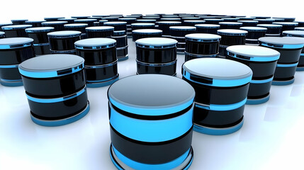 Abstract 3D Illustration of Blue and Black Glossy Barrels with Reflective Surfaces