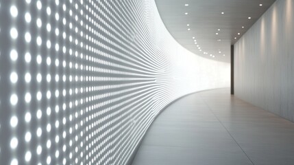 Obraz premium Illuminated curved corridor, bright lights, modern architecture, background white wall, future design