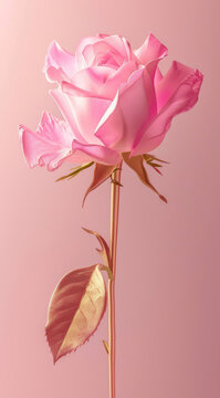 A delicate pink rose elegantly posed against a soft blush background showcasing its exquisite petals and golden leaf a study in soft light and