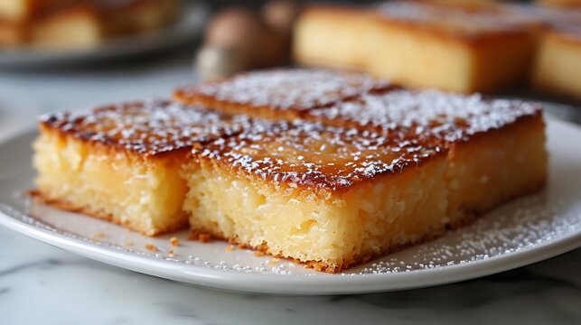 Jamaican toto coconut cake squares arranged a clean white plate slightly zoomed out