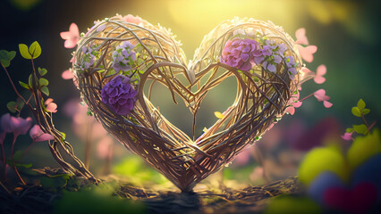 Charming hearts woven from flowers and branches merge in enchanting natural background.
