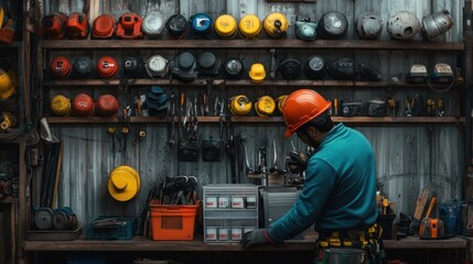 Fototapeta premium Worker in Workshop Organizing Tools and Safety Gear on Shelves