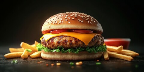 Delicious cheeseburger with golden fries served on a dark backdrop in a cozy restaurant setting
