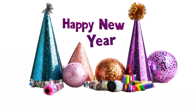 Glittering party hats and noisemakers with happy new year text isolated on a transparent background