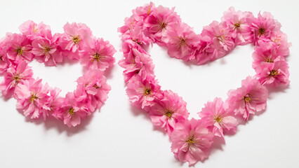 Pink cherry blossom used to create heart shape, on white.