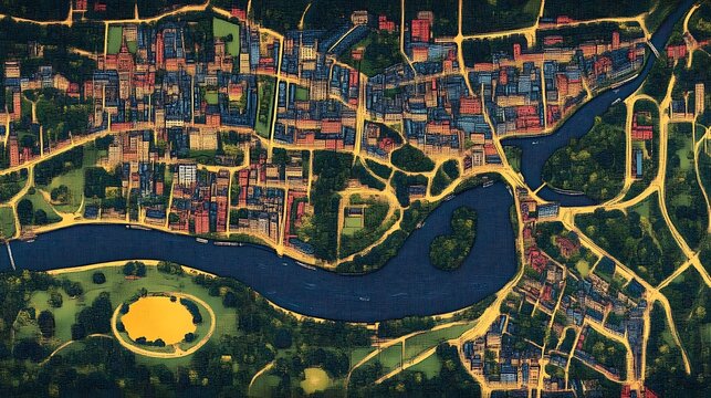An aerial illustration showing a city with a flowing river and green spaces