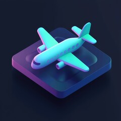 A vibrant stylized 3D model of an airplane rests on a dark square platform  The design is sleek and modern